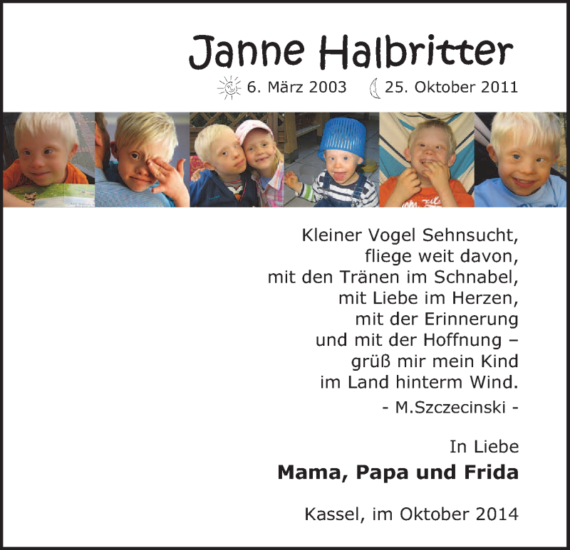  Traueranzeige für Janne Halbritter vom 25.10.2014 aus HNA