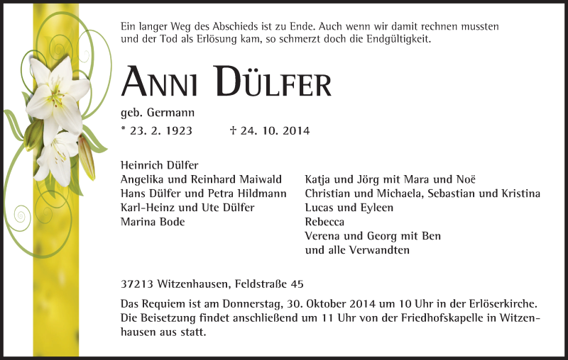  Traueranzeige für Anni Dülfer vom 27.10.2014 aus HNA