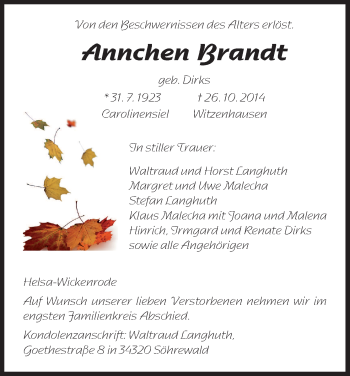 Traueranzeige von Annchen Brandt von HNA