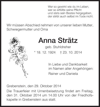 Traueranzeige von Anna Strätz von HNA