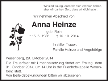 Traueranzeige von Anna Heinze von HNA