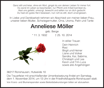 Traueranzeige von Anneliese Möller von HNA