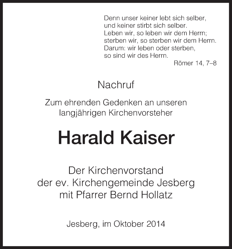 Traueranzeige für Harald Kaiser vom 29.10.2014 aus HNA