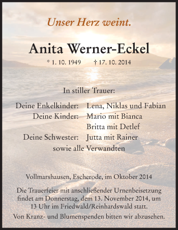 Traueranzeige von Anita Werner-Ecke von HNA