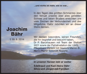 Traueranzeige von Joachim Bähr von HNA