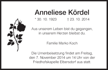 Traueranzeige von Anneliese Kördel von HNA