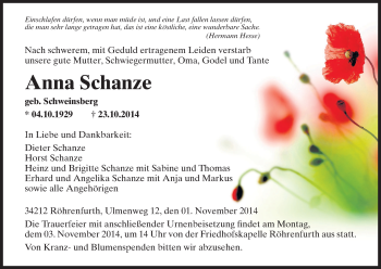Traueranzeige von Anna Schanze von HNA