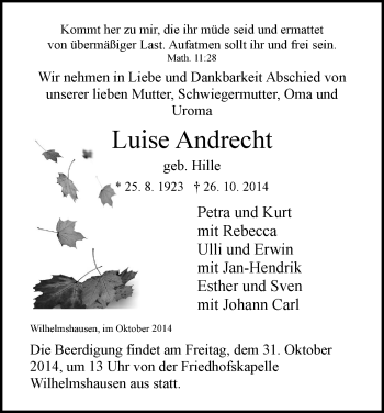 Traueranzeige von Luise Andrecht von HNA