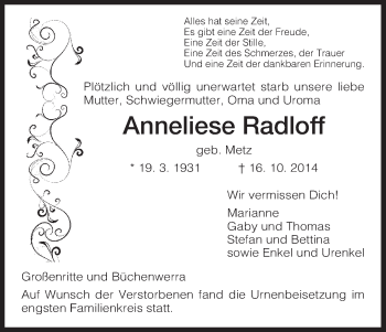 Traueranzeige von Anneliese Radloff von HNA