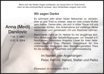 Traueranzeige von Anna Danilovic von HNA