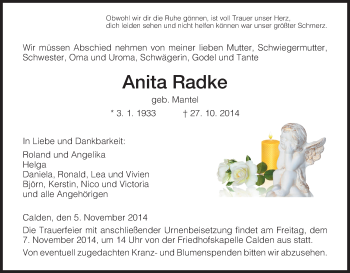Traueranzeige von Anita Radke von HNA