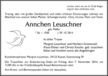 Traueranzeige von Annchen Leuschner von HNA