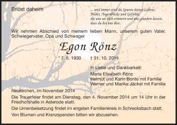 Traueranzeige von Egon Rönz von HNA