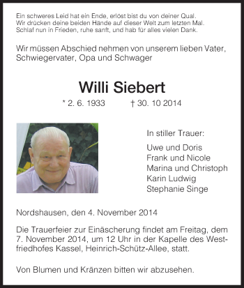 Traueranzeige von Willi Siebert von HNA