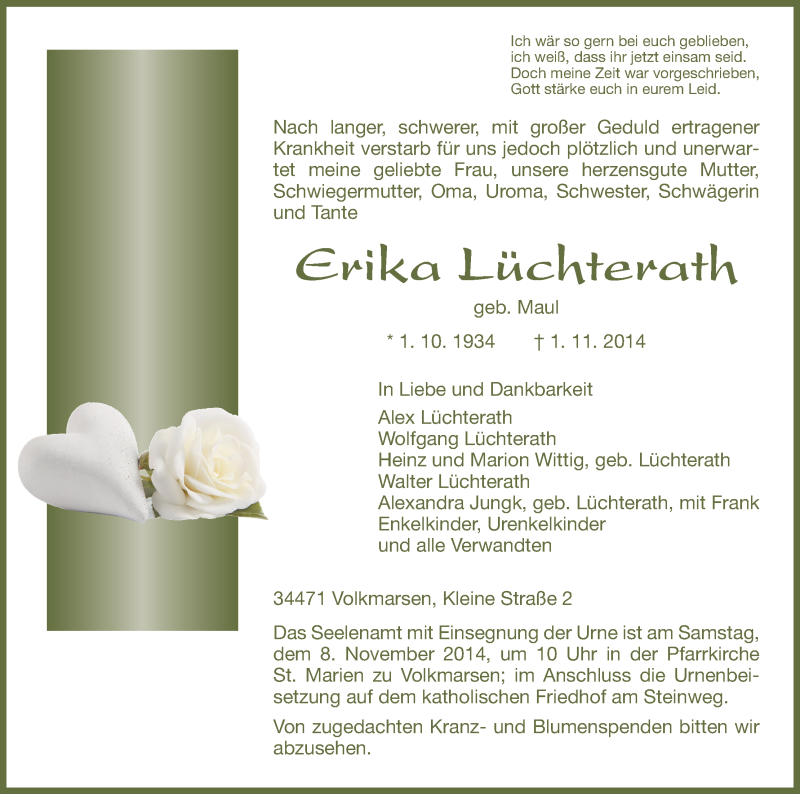  Traueranzeige für Erika Lüchterath vom 04.11.2014 aus HNA