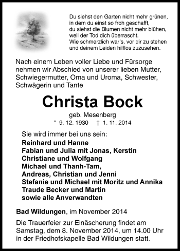Traueranzeige von Christa Bock von HNA