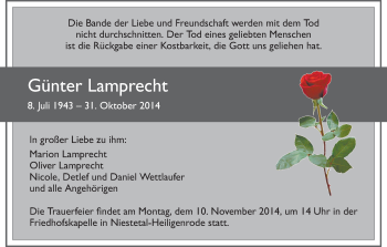 Traueranzeige von Günter Lamprecht von HNA