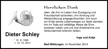 Traueranzeige von Dieter Schley von HNA