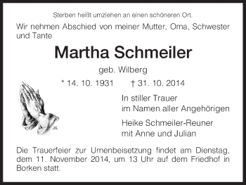 Traueranzeige von Martha Schmeiler von HNA