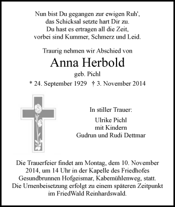 Traueranzeige von Anna Herbold von HNA