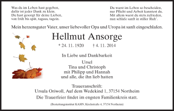 Traueranzeige von Hellmut Ansorge von HNA