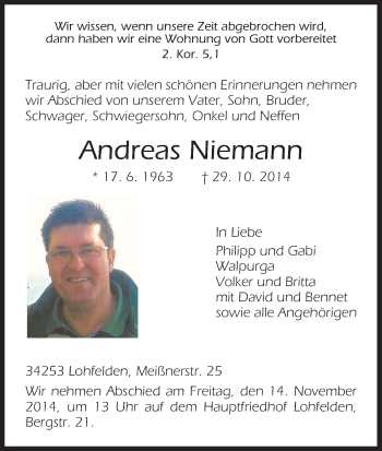 Traueranzeige von Andreas Niemann von HNA