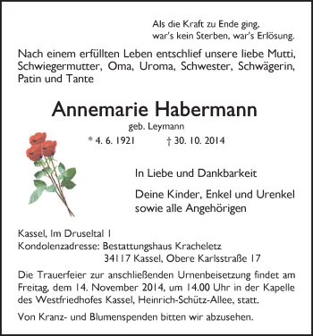 Traueranzeige von Annemarie Habermann von HNA