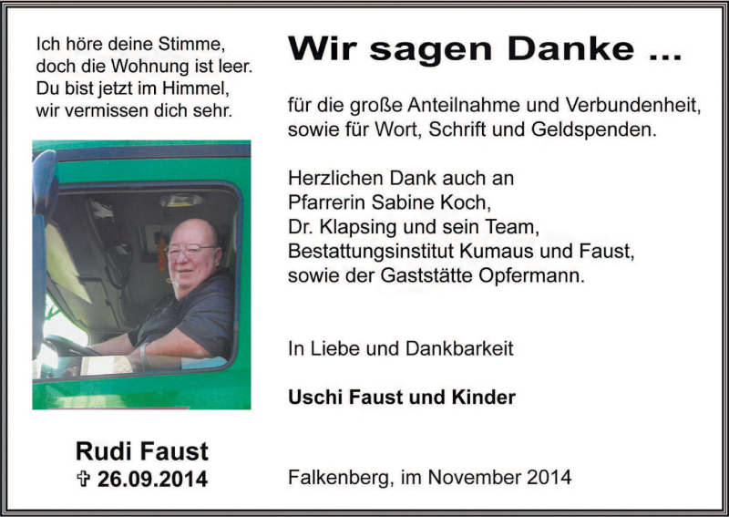  Traueranzeige für Rudi Faust vom 08.11.2014 aus HNA