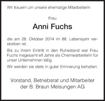 Traueranzeige von Anni Fuchs von HNA