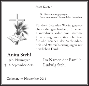 Traueranzeige von Anita Stehl von HNA