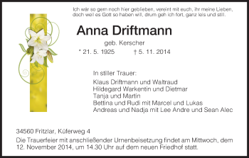 Traueranzeige von Anna Driftmann von HNA