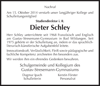 Traueranzeige von Dieter Schley von HNA