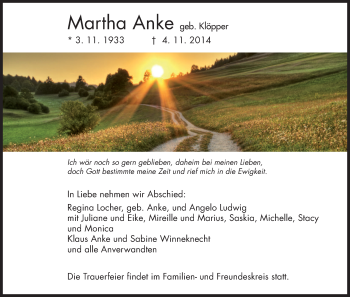 Traueranzeige von Martha Anke von HNA