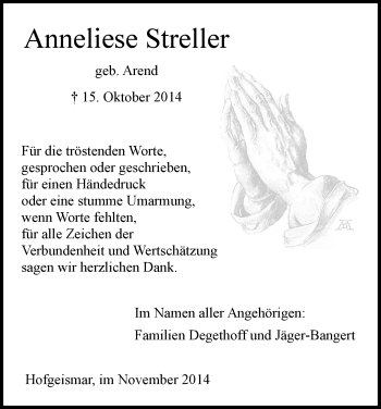 Traueranzeige von Anneliese Streller von HNA