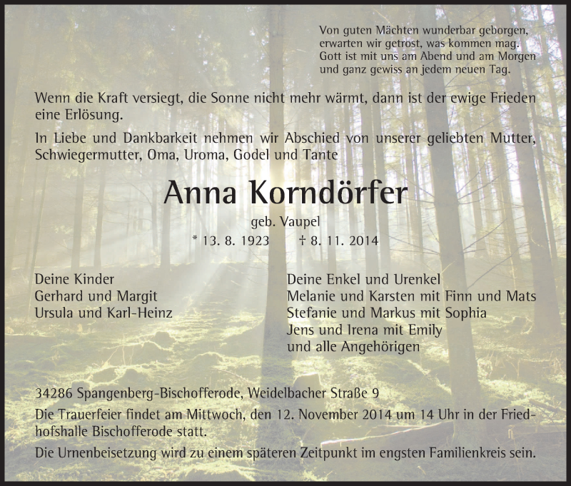  Traueranzeige für Anna Korndörfer vom 10.11.2014 aus HNA