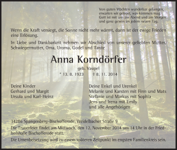 Traueranzeige von Anna Korndörfer von HNA