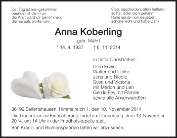 Traueranzeige von Anna Koberling von HNA