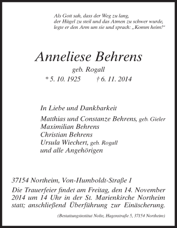 Traueranzeige von Anneliese Behrens von HNA