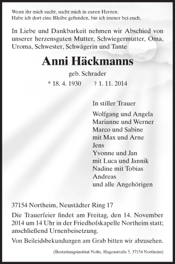 Traueranzeige von Anni Häckmanns von HNA