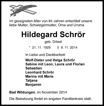 Traueranzeige von Hildegard Schrör von HNA