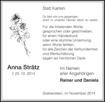 Traueranzeige von Anna Strätz von HNA