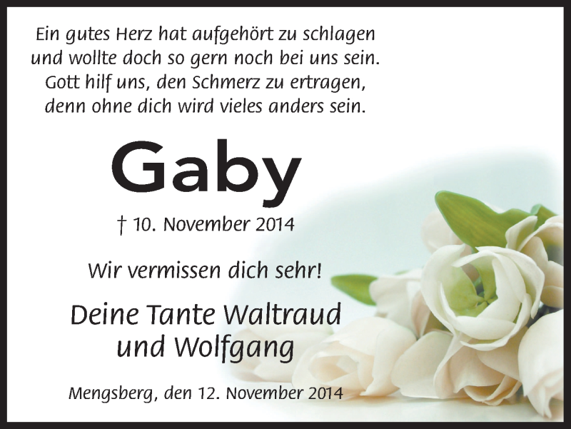  Traueranzeige für Gaby Lipphardt vom 12.11.2014 aus HNA