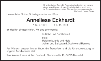Traueranzeige von Anneliese Eckhardt von HNA