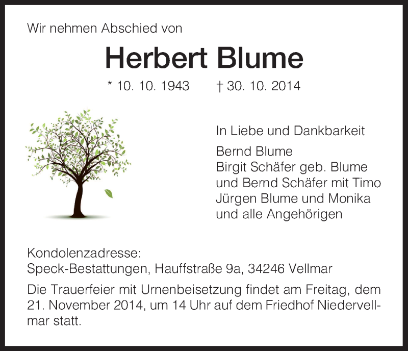  Traueranzeige für Herbert Blume vom 15.11.2014 aus HNA