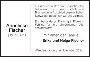 Traueranzeige von Anneliese Fischer von HNA