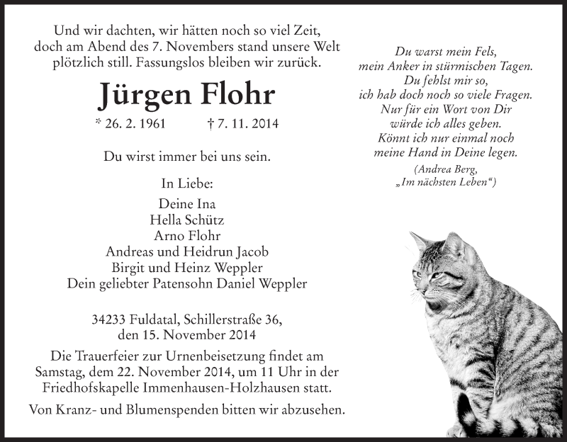  Traueranzeige für Jürgen Flohr vom 15.11.2014 aus HNA