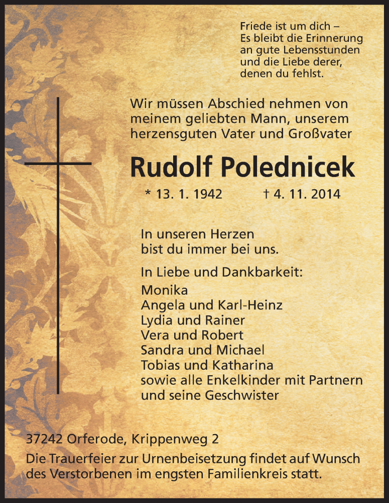  Traueranzeige für Rudolf Polednicek vom 14.11.2014 aus HNA