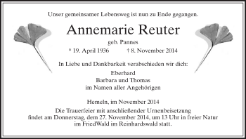 Traueranzeige von Annemarie Reuter von HNA
