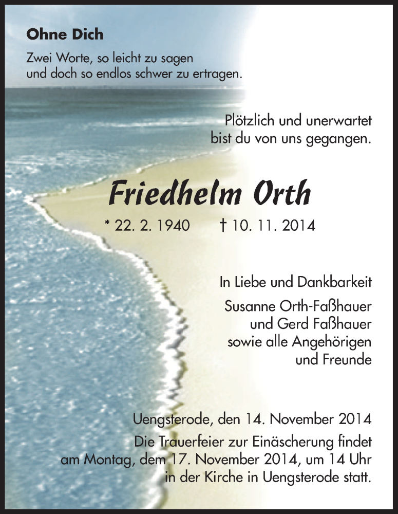  Traueranzeige für Friedhelm Orth vom 14.11.2014 aus HNA