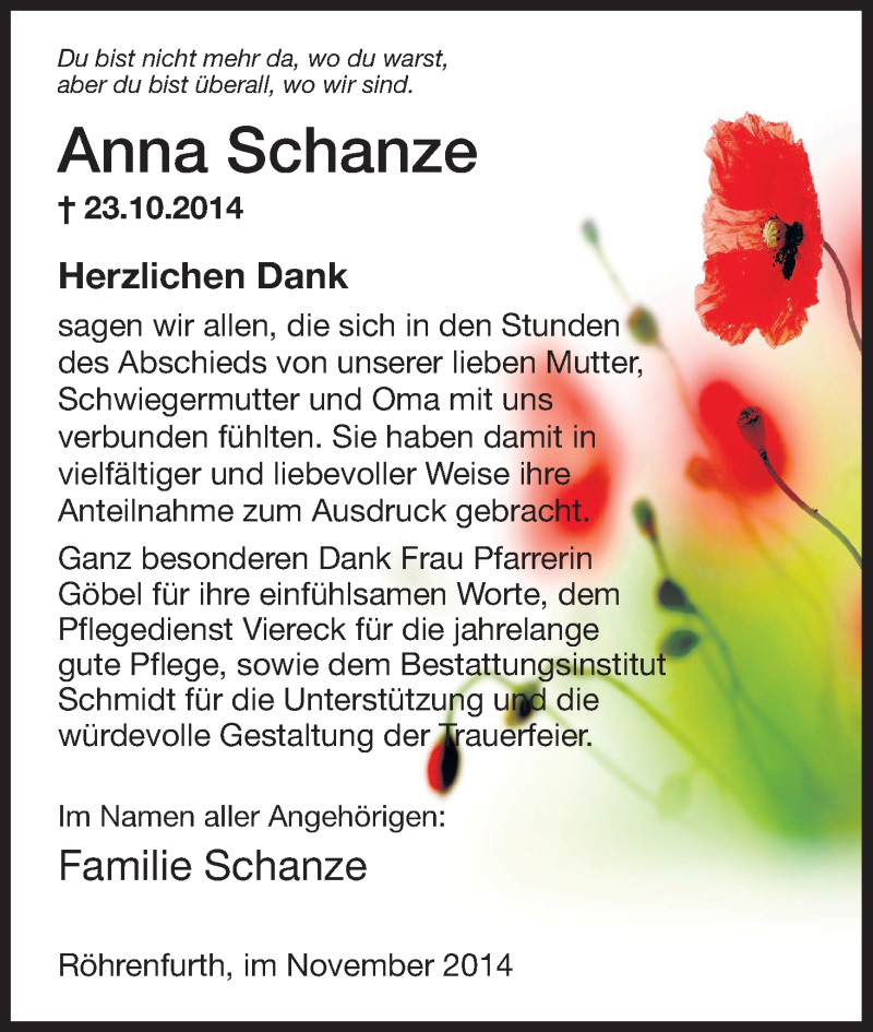  Traueranzeige für Anna Schanze vom 15.11.2014 aus HNA